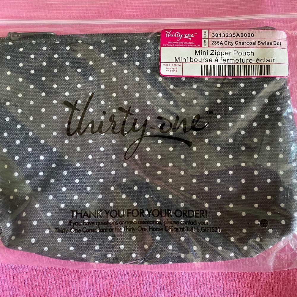 Thirty One Mini Zipper Pouch-City Charcoal Swiss Dot
